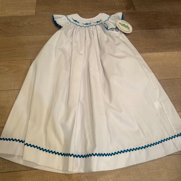 SOUTHERN SMOCKED WHITE DRESS NEW BLUE MARLINS FISH SIZE 8 - Picture 2 of 11